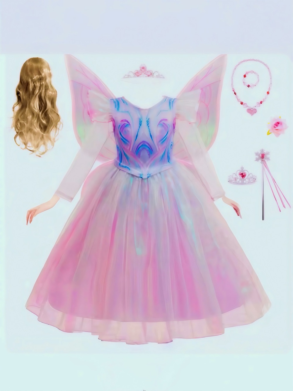 Girls Pink Fairy Princess Costume Dress with Wing Accessories